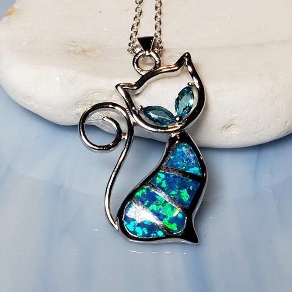 Cute Blue Opal Kitten Cat Silver Necklace & Chain - Picture 6 of 6